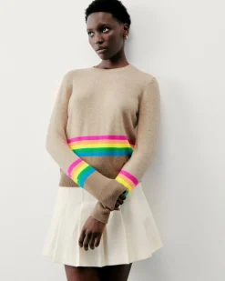 Pull Col Rond Bas à Bandes Multicolores