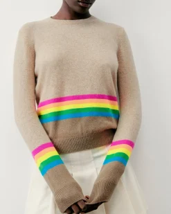 Pull Col Rond Bas à Bandes Multicolores