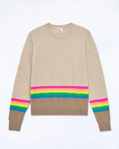 Pull Col Rond Bas à Bandes Multicolores