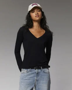 T-Shirt Col V Basique Manches Longues